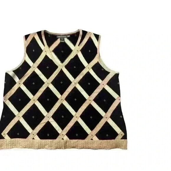 Vintage Saks Fifth Avenue Ladies Cashmere Sweater Vest Brown Black Lattice M - Picture 2 of 8